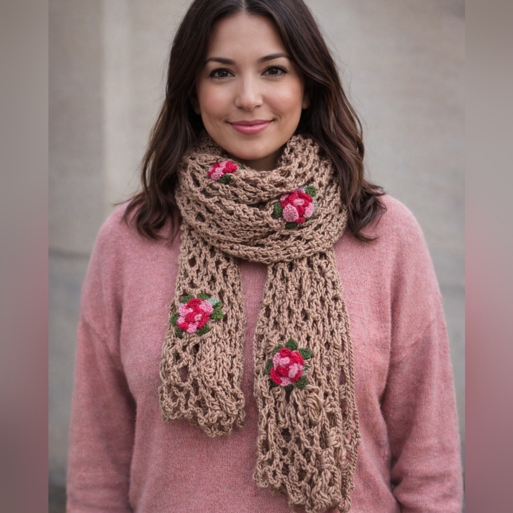 Handmade Crochet Scarf with Pink Floral Design